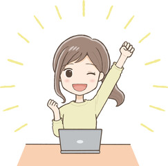 Woman in yellow clothes making a motivated guts pose in front of a laptop