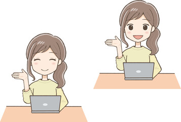 Woman in yellow clothes raising right hand and explaining in front of a laptop