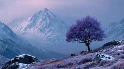 Solitary purple tree on a snow-dusted hillside before a majestic mountain range
