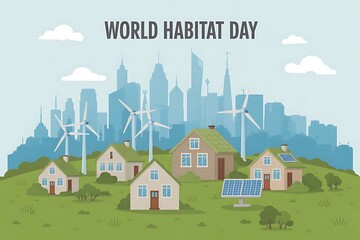 Sustainable community thrives with wind turbines and solar panels powering eco-friendly homes against a modern city skyline, celebrating World Habitat Day.