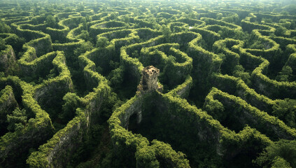 A vast, intricate hedge maze, composed of tall, dense green hedges with a slightly yellowish tint, indicating lush vegetation.