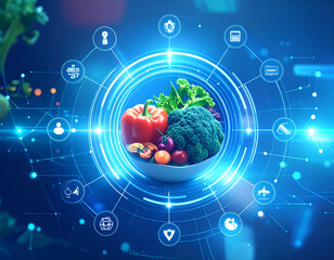 Colorful Vegetables in a Bowl with Digital Overlay in a Modern and Technological Concept