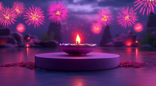 Glowing Diya candle on purple podium with pink fireworks and reflections oil lamp light