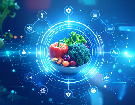 Colorful Vegetables in a Bowl with Digital Overlay in a Modern and Technological Concept
