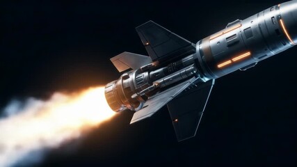 A sleek, metallic projectile streaks through a black void, its engine igniting a bright flame and a plume of white smoke. Angular fins stabilize its path