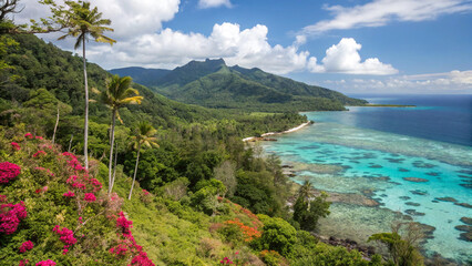 Vibrant forest ecosystem stretches from a mountain ridge in the background to a coral reef in the foreground, with diverse array of flora and fauna.