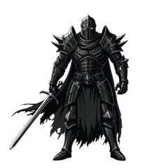 Obraz premium Vector art of a formidable medieval knight in full dark armor holding a sword, ready for battle