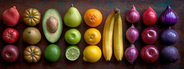 Colorful fruits arranged in a grid pattern on a dark wooden surface