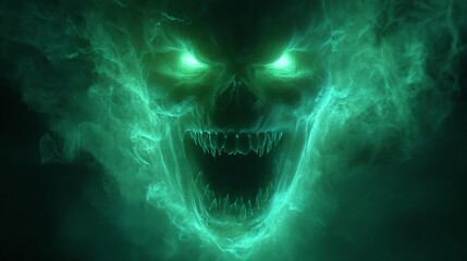most sinister halloween ghost with huge teeth, glowing green eyes, smoke coming out of them on a dark background