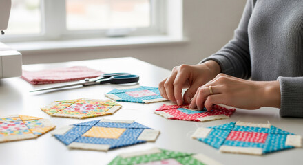 Fototapeta premium Hands Crafting Homemade Quilt Blocks for Winter