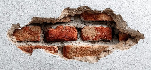 Cracked plaster wall reveals aged brick
