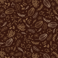Seamless pattern with autumn Leaves, acorns and oak leaves for wallpaper, gift paper, pattern fills, textile, fall greeting cards. 