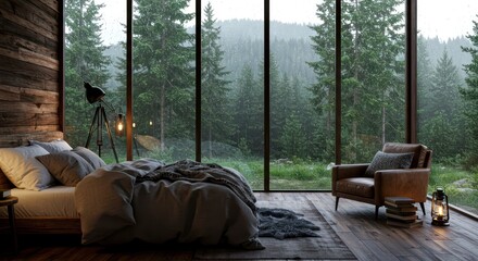 Cozy bedroom with large windows overlooking a rain-soaked forest.