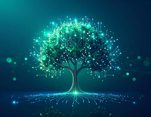 Digital Tree Illuminated With Green And Blue Lights Over Dark Background Representing Technology and Data