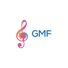 GMF  “Creative music logo with human silhouettes and treble clef in gradient colors, GMF  Later Logo, modern artistic design isolated on white background”
