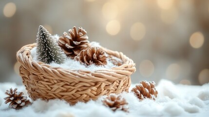 Rustic wicker basket filled with pine cones and snow, Christmas vignette
