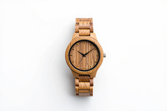 Elegant oval wood watch with natural grain texture on white background