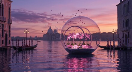 Glass sphere with orchids floats on Venetian canal at sunrise.