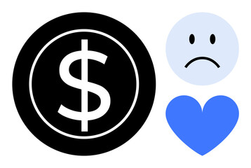 Black dollar sign, sad face, and blue heart symbol highlight themes of finance, emotion, and relationships. Ideal for money management, emotional health, charity, savings personal finance