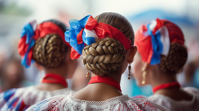 Women wearing traditional hairstyles with patriotic red, white, and blue ribbons for Costa Rica Independence Day cultural festival and celebration. - Powered by Adobe