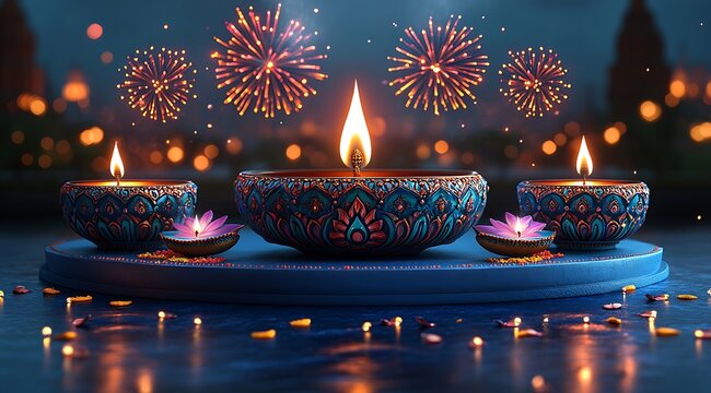 Ornate teal diyas with glowing flames and fireworks in the background oil lamp candle