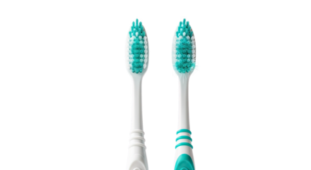 Two modern white and teal toothbrushes with detailed bristles standing upright isolated on transparent background