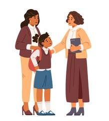 Woman teacher praises a primary school girl in front of her mother flat vector illustration isolated on white. Asian mother with daughter meeting with school teacher.