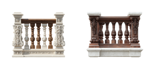 Architectural balustrades comparison in elegant surroundings, isolated on transparent background, png set