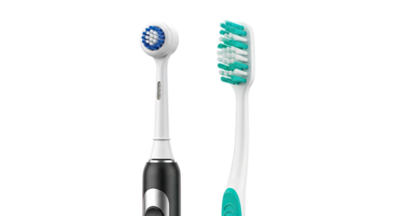 Close up of an electric toothbrush head and a manual toothbrush side by side isolated on transparent background