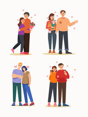 Obraz premium Set of four charming cartoon couples celebrating Valentines Day hugging holding gifts and flowers surrounded by hearts. EPS Editable