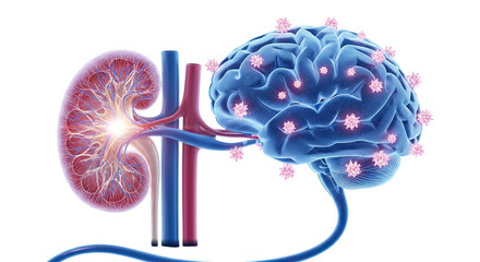 Conceptual illustration of the kidney and brain connected by neural pathways highlighting health and medical research isolated on transparent background