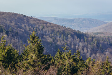 Aerial view from observation tower on the peak of Mount Kalenica in Owl Mountains Landscape Park, protected area in Lower Silesia Province of Poland
