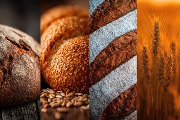 Close-up bread collage; various types, from seed to loaf