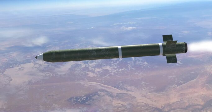 Ballistic missile flying across high-altitude war zone. War And Weapons Related 3D Animation.
