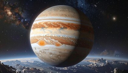 Majestic jupiter, a gaseous giant, dominates the cosmic expanse, with swirling bands of color and a backdrop of distant stars.