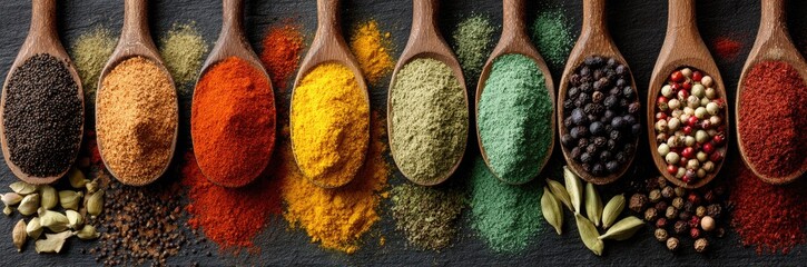 Wooden spoons filled with colorful spices and herbs © alkaios