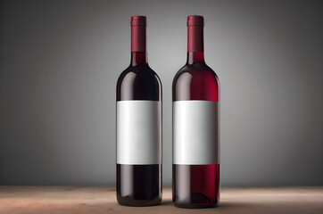 bottle of red and rose wine on grey background with blank label mockup template