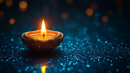 Single lit diya oil lamp on dark sparkling blue background with bokeh lights candle flame