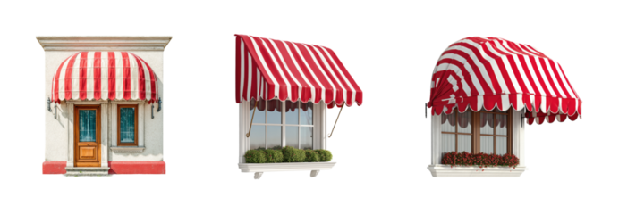 Charming red striped awnings urban architecture, isolated on transparent background, png set