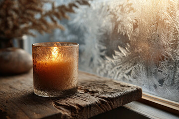 closeup view of candle illuminating frosty window adorned with beautiful icy patterns