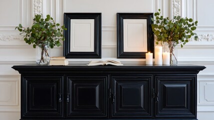 Elegant Black Sideboard Decor with Vases Candles and Picture Frames in Modern Interior
