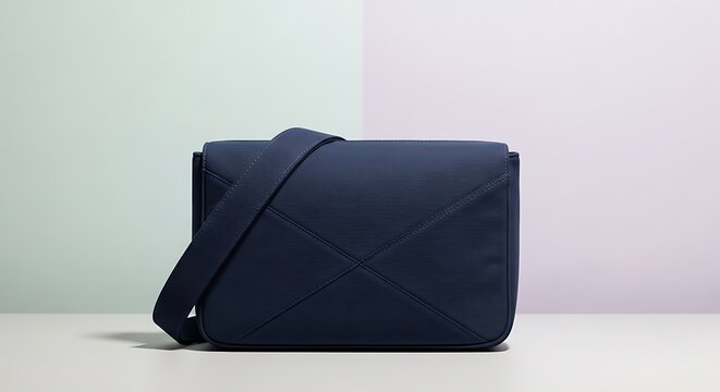 Dark blue textured crossbody bag on a light background