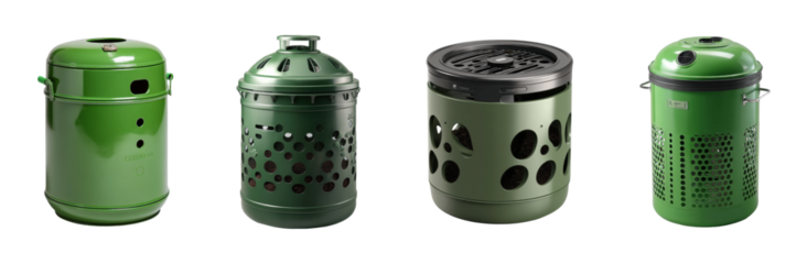 Daylight showcase of urban park recycling bin collections, isolated on transparent background, png set