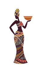Silhouette of African woman in ethnic patterned dress holding a bowl. Traditional tribal art symbolizing culture, elegance and heritage.