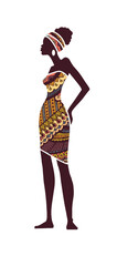 Silhouette of African woman in colorful patterned dress. Tribal style artwork representing elegance, beauty and cultural heritage