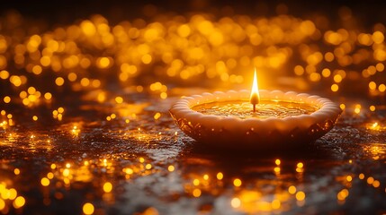 Single lit oil lamp with flickering flame on wet surface surrounded by bokeh lights diya