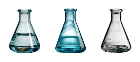 Chemistry lab experiment with flask in science, isolated on transparent background, png set