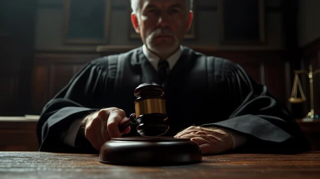 An authoritative judge in a courtroom brings order by striking a gavel, a symbol of justice and legal process.