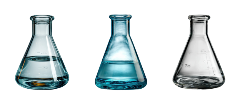 Chemistry lab experiment with flask in science, isolated on transparent background, png set