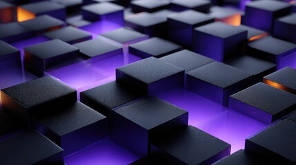 Abstract 3D render of dark cubes, illuminated by purple and orange light